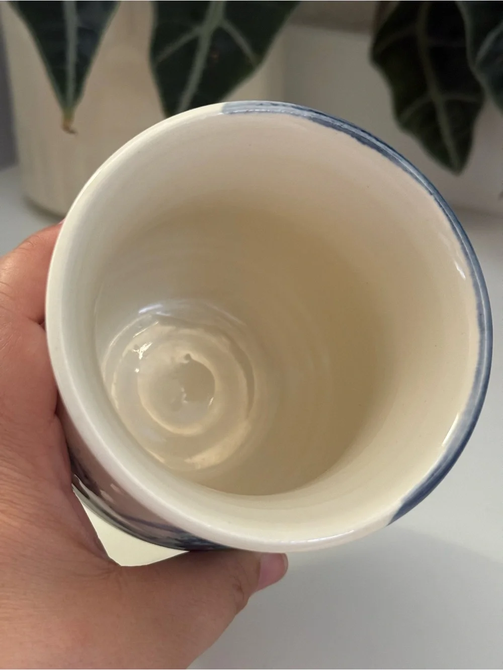 Hand-Painted Studio Pottery Fish Vase in Cream and Blue